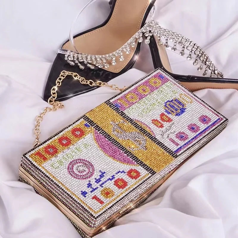 $100 Dollars Rhinestone Crystal Money Bag