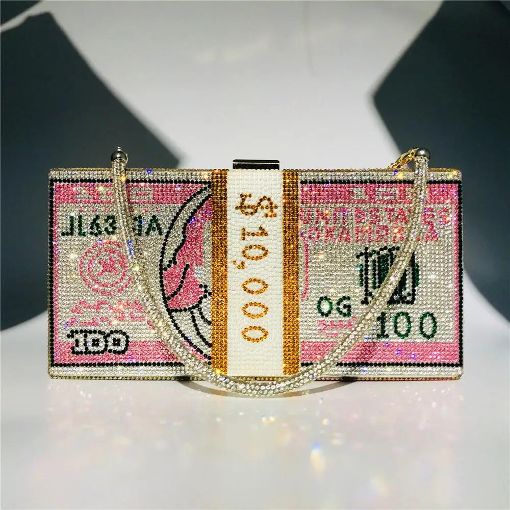 $100 Dollars Rhinestone Crystal Money Bag