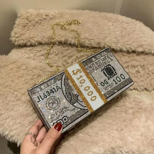 $100 Dollars Rhinestone Crystal Money Bag