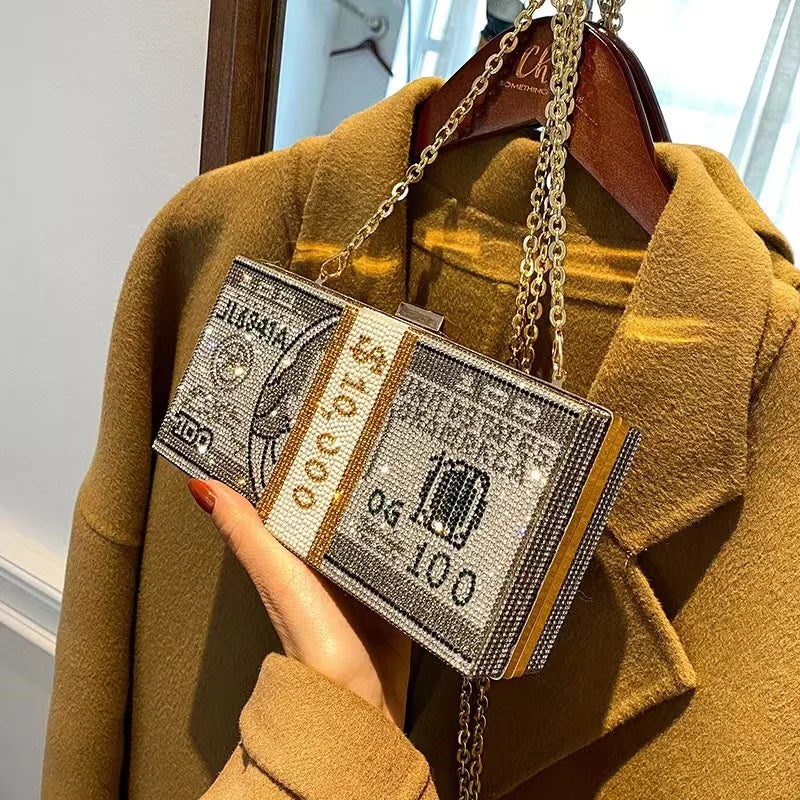 $100 Dollars Rhinestone Crystal Money Bag