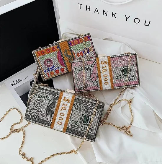 $100 Dollars Rhinestone Crystal Money Bag