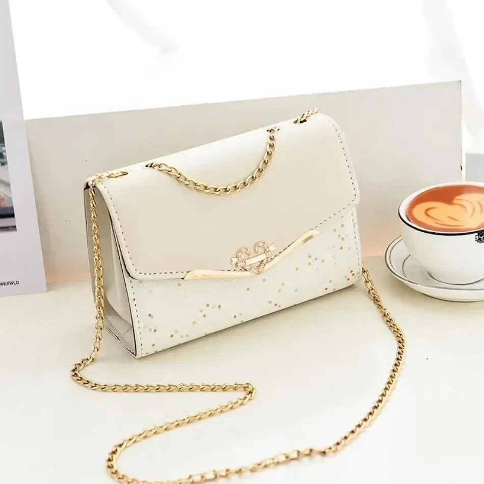 Mini White Glitter Flap Bag with Heart Hardware