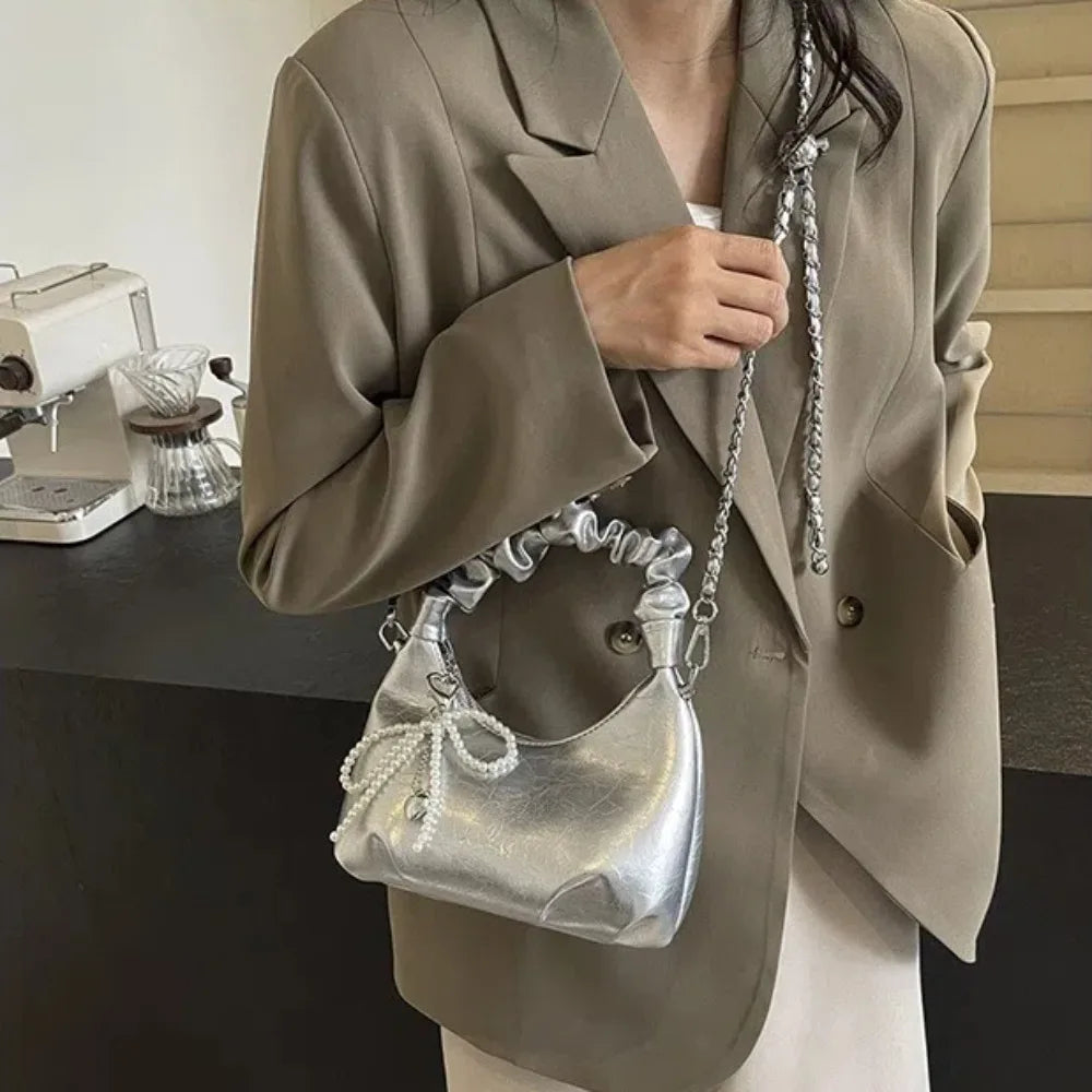 Pleated Handle Design Pearl Bow Handbag