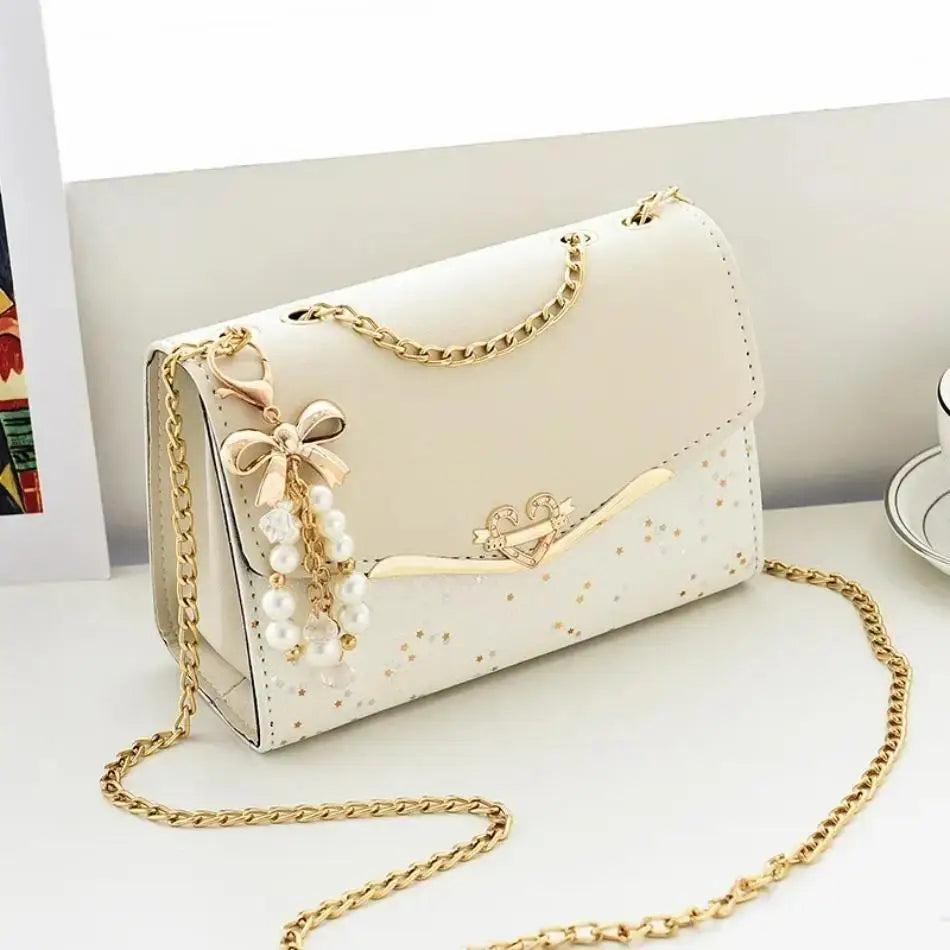 Mini White Glitter Flap Bag with Heart Hardware