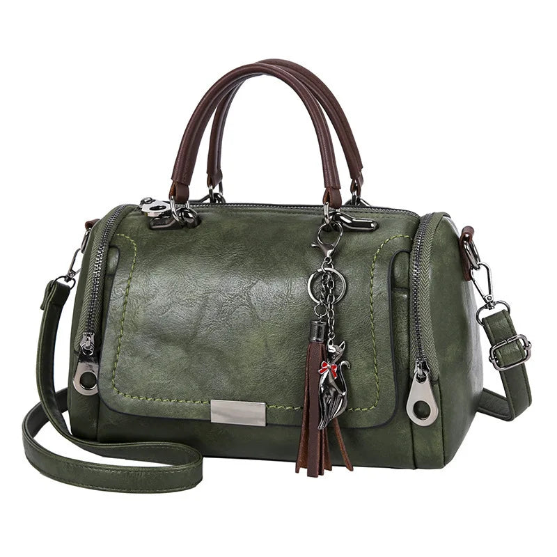 Textured Faux Leather Satchel Bag with Tassel Charm and Metal Latch