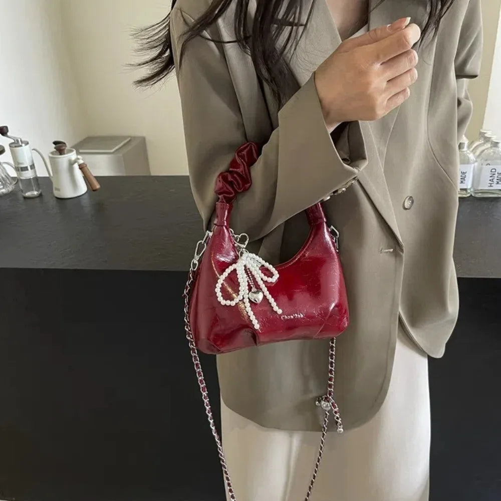 Pleated Handle Design Pearl Bow Handbag