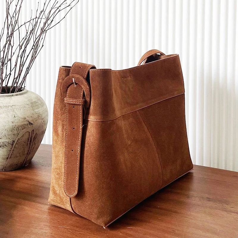 Leather Tote Bag with Buckle Strap