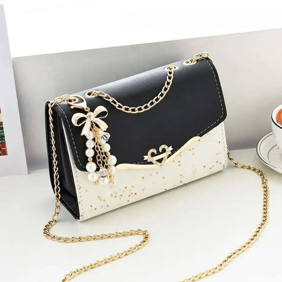 Mini White Glitter Flap Bag with Heart Hardware