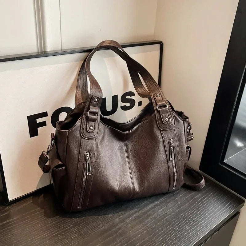 Soft Leather Multi-Pocket Hobo Bag