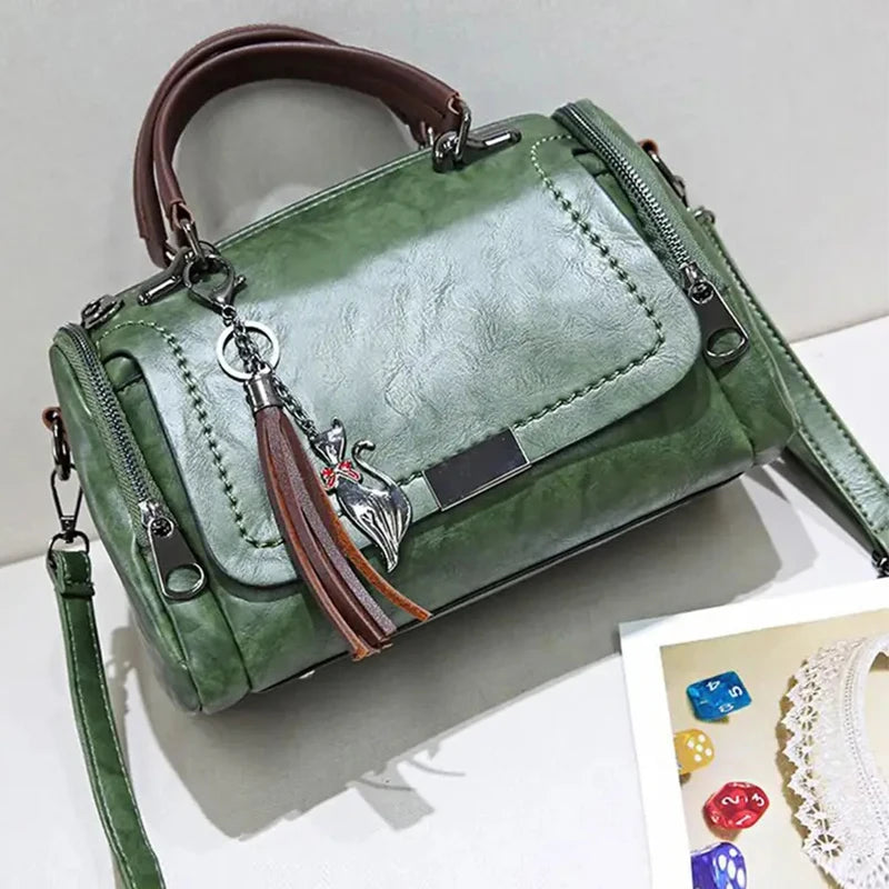 Textured Faux Leather Satchel Bag with Tassel Charm and Metal Latch