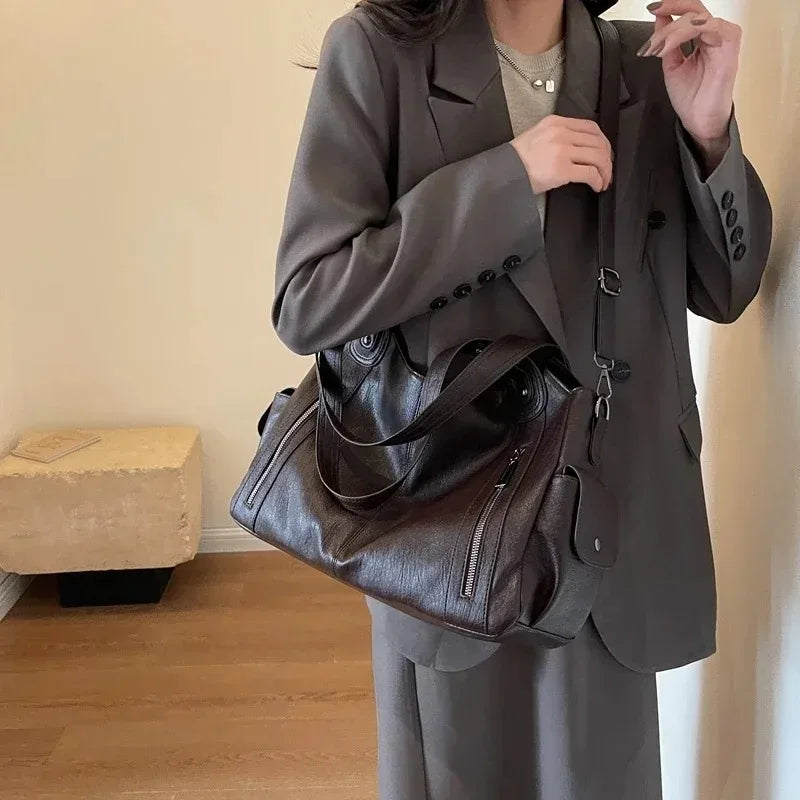 Soft Leather Multi-Pocket Hobo Bag