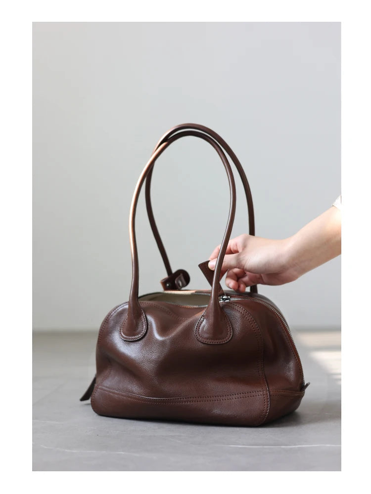 Minimalist Zip-Top Brown Bowler Handbag