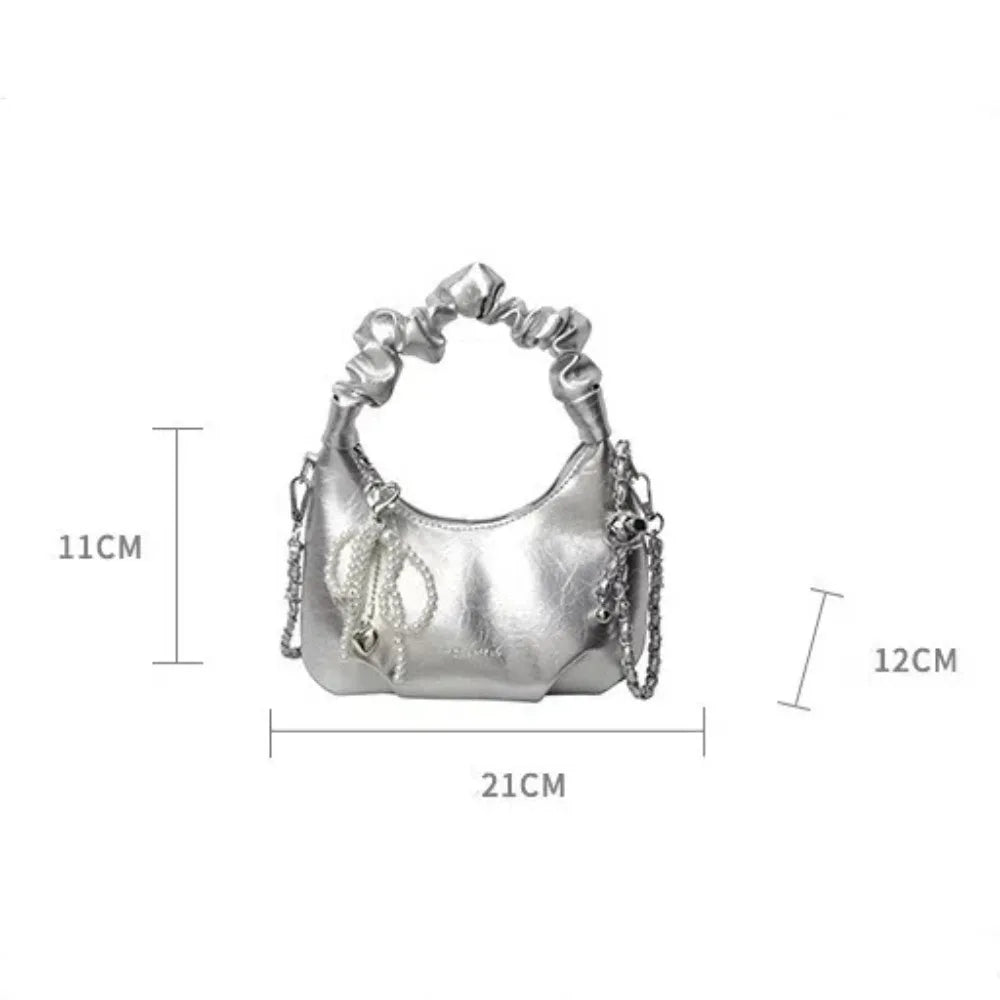 Pleated Handle Design Pearl Bow Handbag