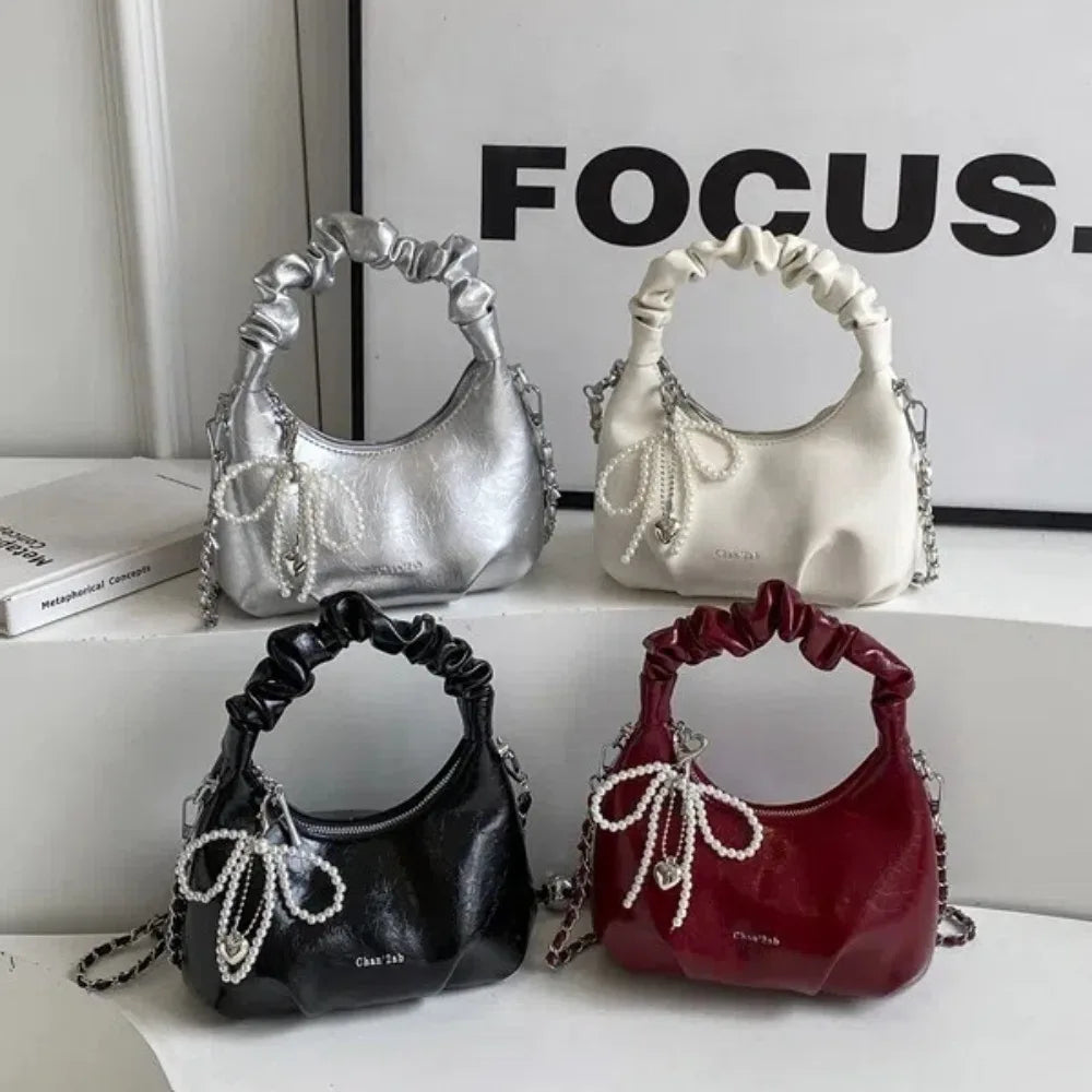 Pleated Handle Design Pearl Bow Handbag