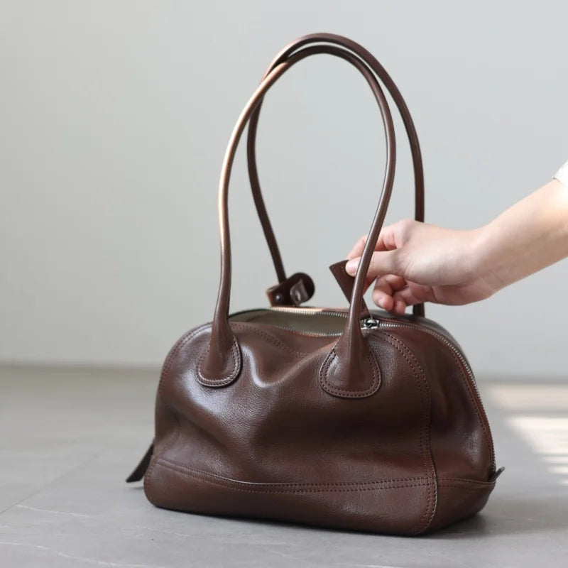 Minimalist Zip-Top Brown Bowler Handbag