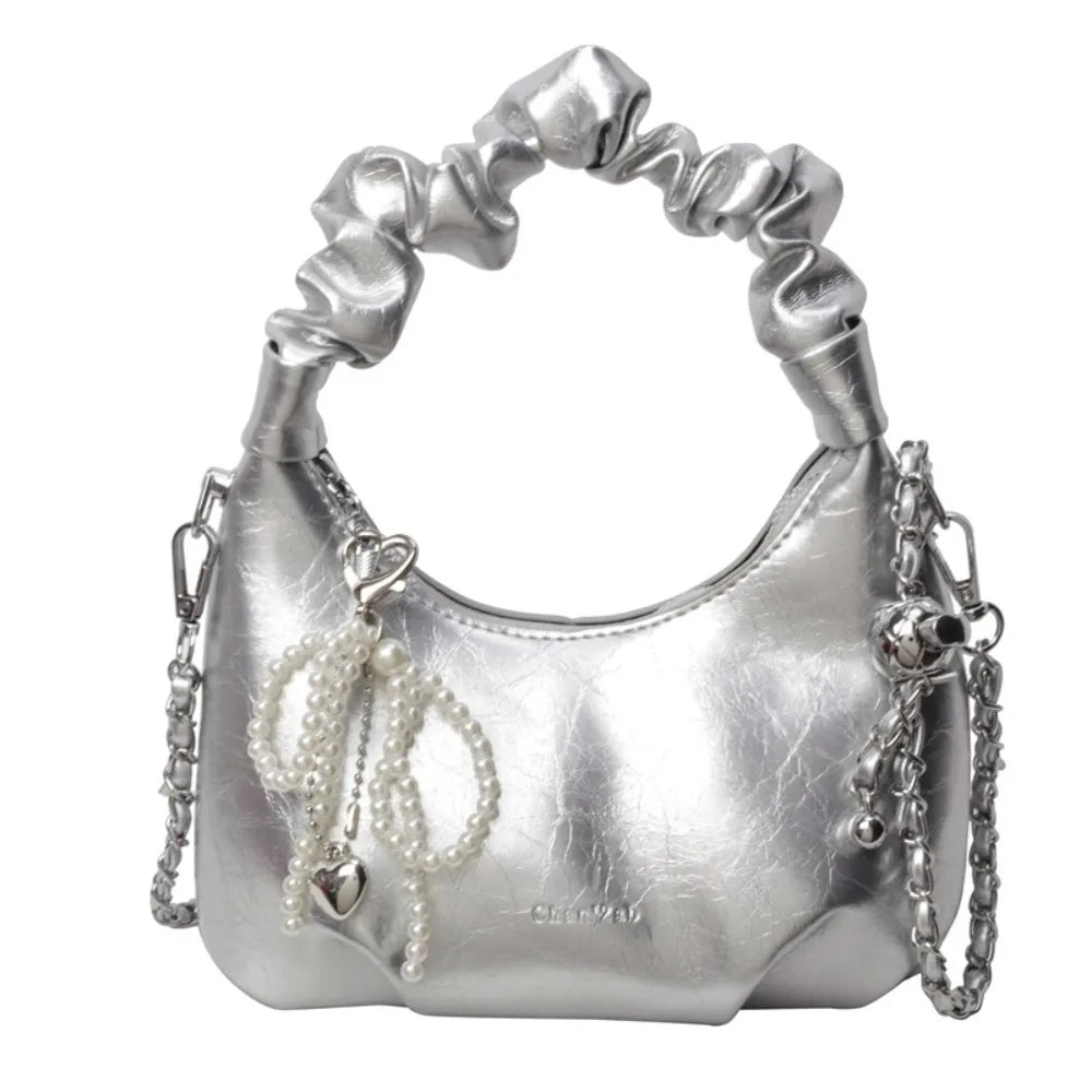 Pleated Handle Design Pearl Bow Handbag