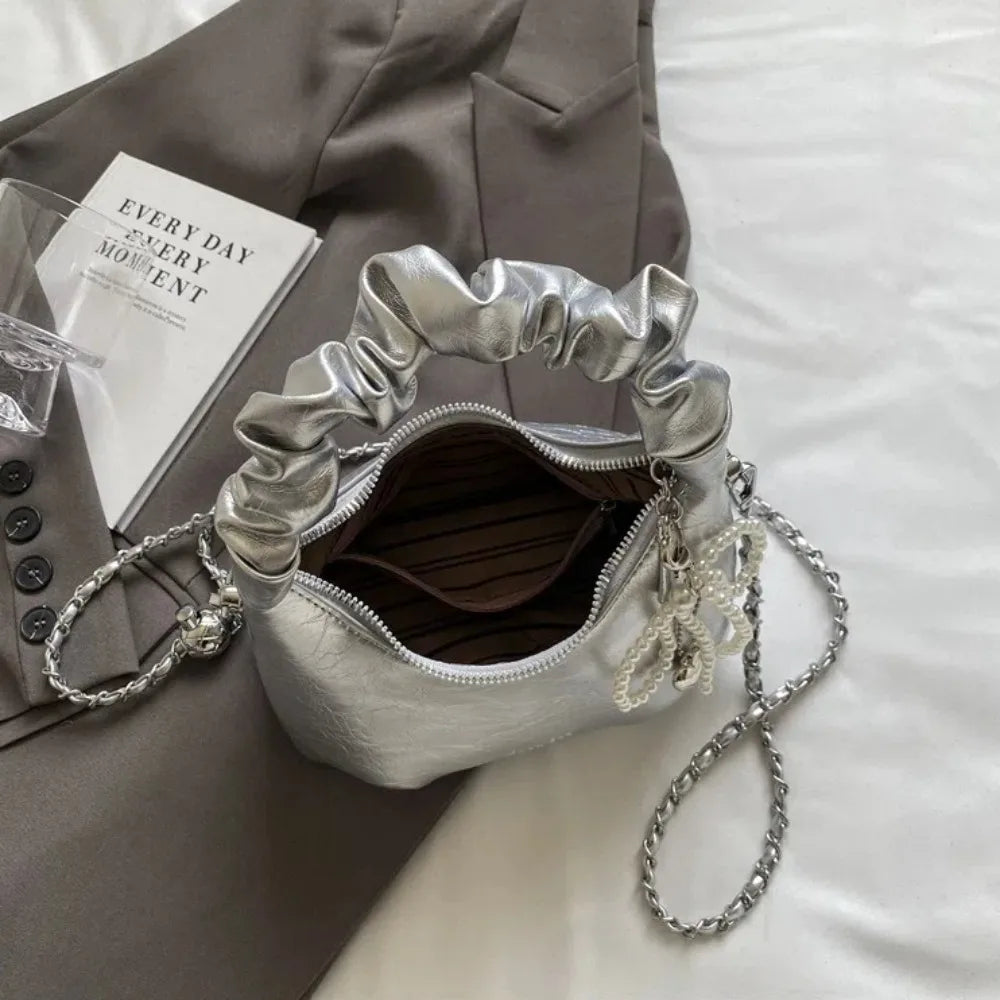 Pleated Handle Design Pearl Bow Handbag