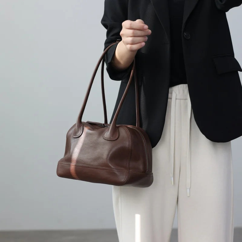 Minimalist Zip-Top Brown Bowler Handbag