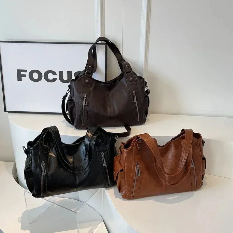 Soft Leather Multi-Pocket Hobo Bag