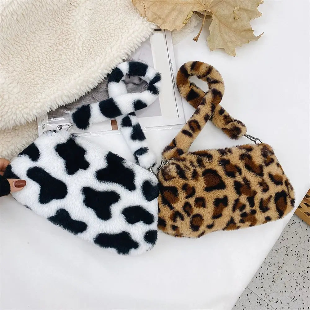 Leopard Plush Animal Print Messenger Bag