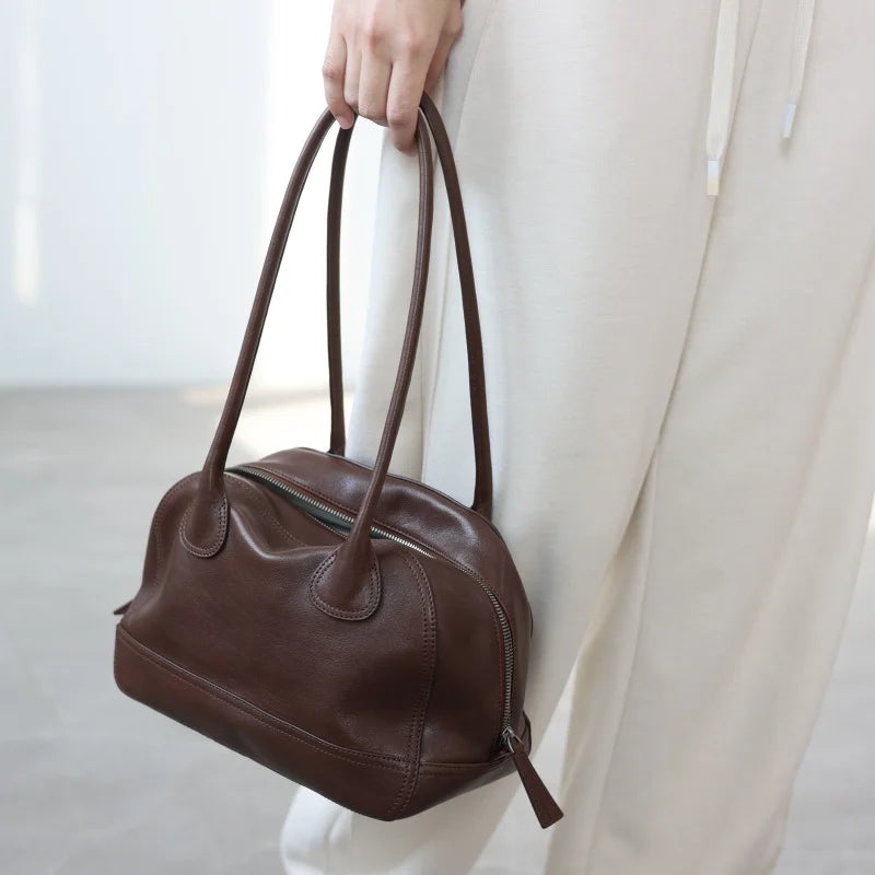 Minimalist Zip-Top Brown Bowler Handbag