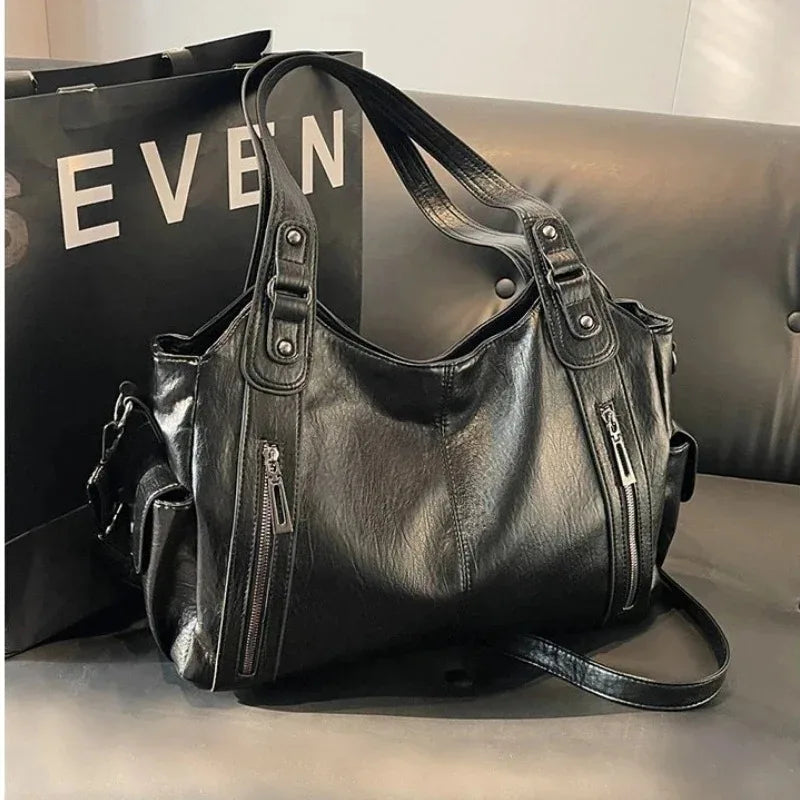 Soft Leather Multi-Pocket Hobo Bag