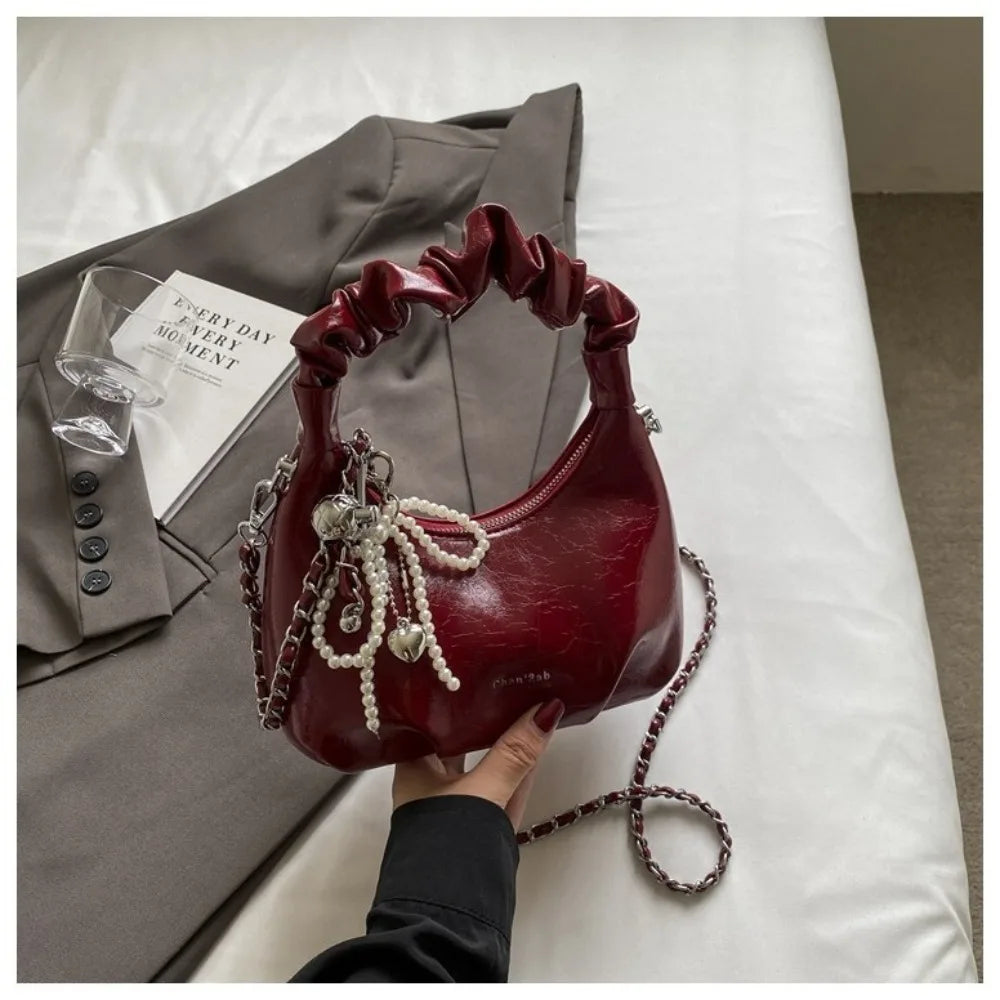 Pleated Handle Design Pearl Bow Handbag