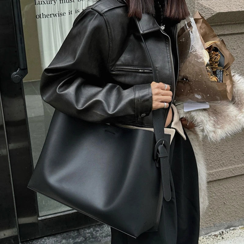 Leather Tote Bag with Buckle Strap