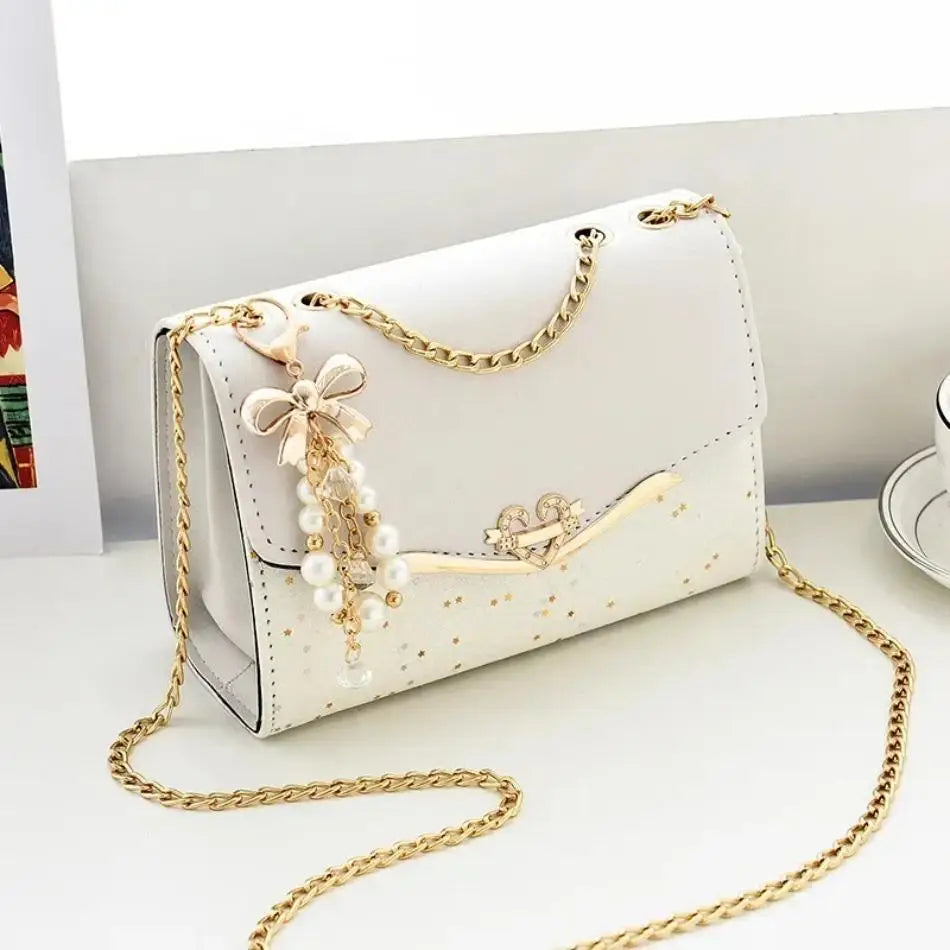 Mini White Glitter Flap Bag with Heart Hardware