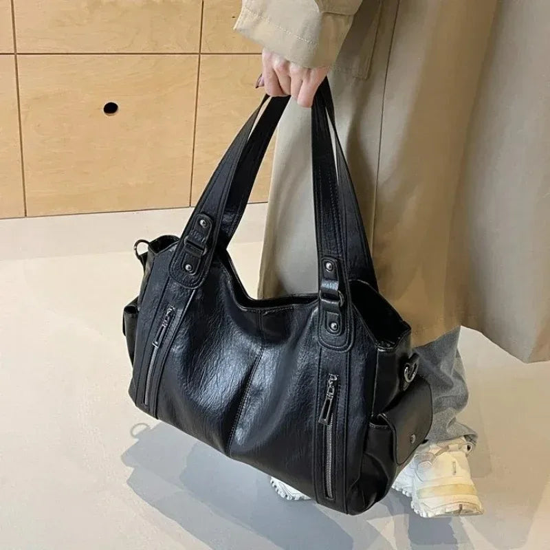 Soft Leather Multi-Pocket Hobo Bag