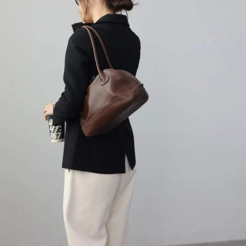 Minimalist Zip-Top Brown Bowler Handbag